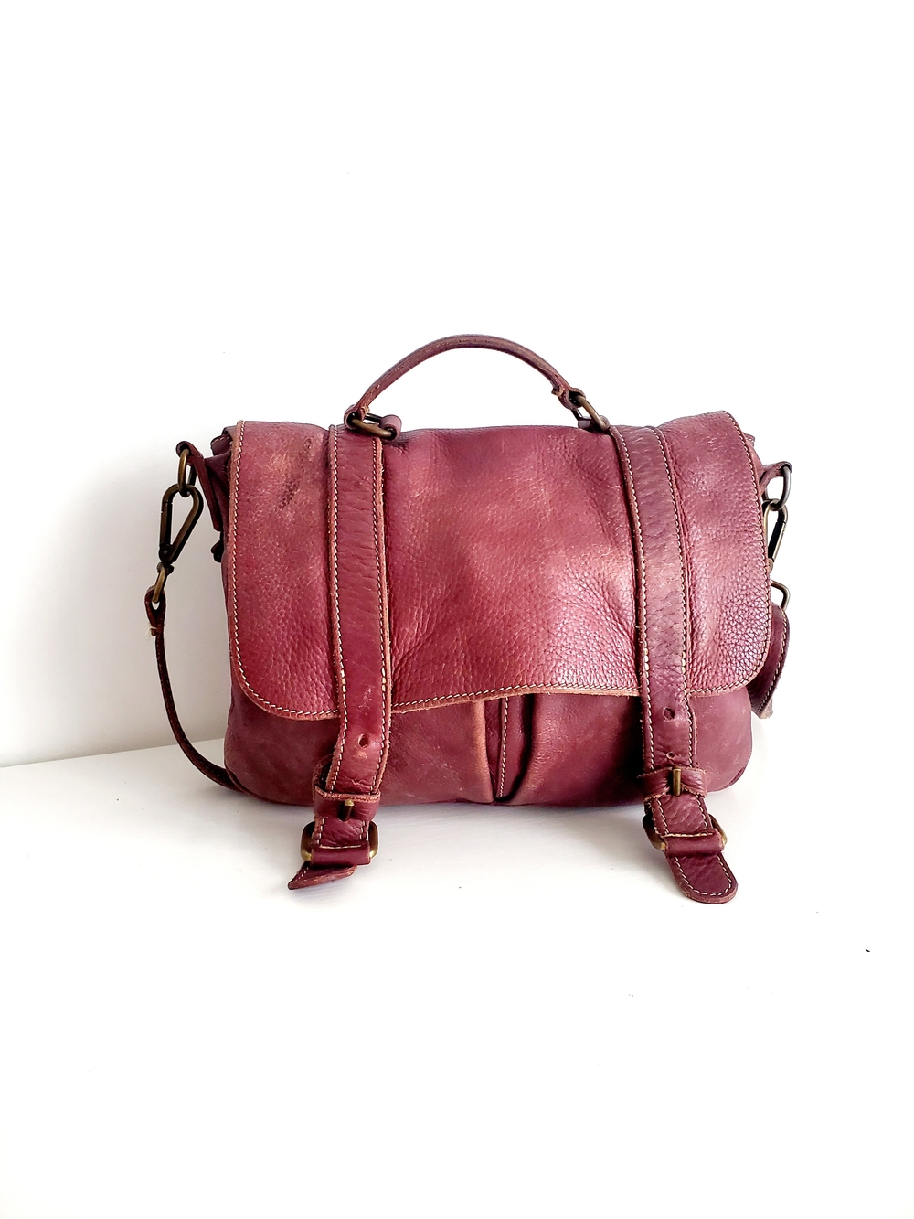 Roots Burgundy Leather Satchel with Top Handle and Strap